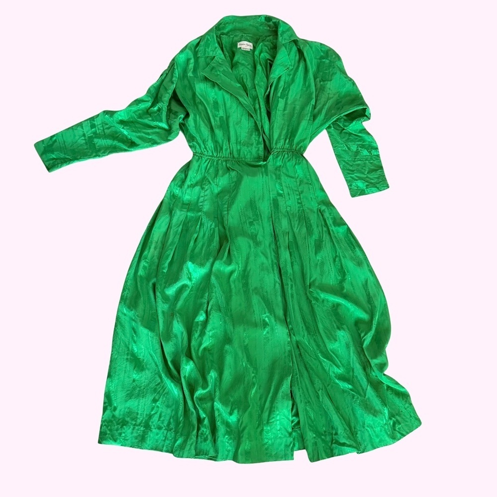 VINTAGE Neiman Marcus 100% Silk Jacquard Shirt Dress pleated Size 4 DAMAGE
